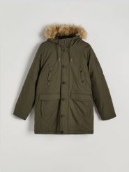 Parka z kapturem - ciemnozielony. Zielone parki męskie Reserved, l, bez wzorów, z bawełny, z kapturem. W wyprzedaży za 149.99 zł.