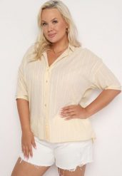 Beżowa Koszula z Bawełny Zapinana na Guziki w Pionowe Paski Tinariss. Brązowe bluzki damskie Born2be, plus size, bez wzorów, z bawełny, klasyczne, bez kołnierzyka, plus size, bez ramiączek. Za 79.99 zł.