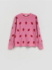 Wzorzysty sweter z bawełną - różowy. Czerwone swetry damskie Reserved, l, bez wzorów, z bawełny, bez kołnierzyka, bez ramiączek, bez kaptura. Za 159.99 zł.