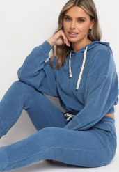 Granatowy Komplet Dresowy z Bawełną Krótka Bluza z Kapturem i Spodnie z Gumką w Pasie Gesaria. Niebieskie bluzy damskie Born2be, l, bez wzorów, z bawełny, z kapturem. Za 139.99 zł.
