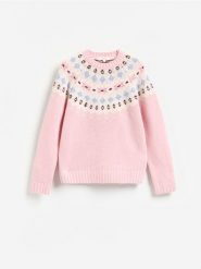 Wełniany sweter - pastelowy róż. Czerwone swetry damskie Reserved, l, bez wzorów, z wełny, bez kołnierzyka, bez ramiączek, bez kaptura. Za 259.99 zł.