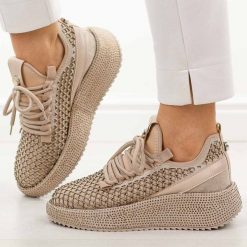 Beżowe sneakersy damskie Scaviola w572. Brązowe obuwie sportowe damskie Sca'viola, bez wzorów, z jeansu. Za 429.00 zł.