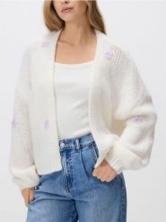Kardigan z haftem - kremowy. Białe kardigany damskie Reserved, l, bez wzorów, z dzianiny. Za 139.99 zł.