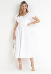 Biała Sukienka Midi z Falbanami przy Ramionach Happisa. Białe sukienki damskie Born2be, na imprezę, l, bez wzorów, eleganckie, bez kołnierzyka, bez ramiączek, maxi. Za 84.99 zł.