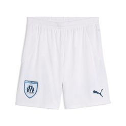 Męskie szorty Olympique Marsylia 24/25 PUMA White Bleu Azur Blue. Białe krótkie spodenki sportowe męskie Puma, m, w ażurowe wzory, do piłki nożnej. Za 180.55 zł.
