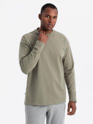 Bawełniany longsleeve męski LOOSE FIT z okrągłym dekoltem khaki V4 OM-LSBC-0129 XXL. Brązowe bluzki z długim rękawem męskie Ombre, m, bez wzorów, z bawełny, bez kołnierzyka. Za 181.54 zł.