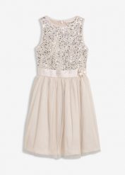 Sukienka. Szare sukienki dla dziewczynek bonprix, z aplikacjami, z satyny, bez ramiączek. Za 147.99 zł.