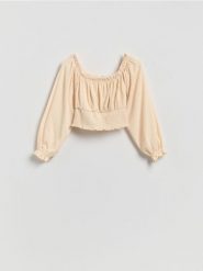 Bluzka z marszczeniem - jasnożółty. Żółte bluzki damskie Reserved, l, bez wzorów, z dzianiny, bez kołnierzyka, bez ramiączek. Za 59.99 zł.