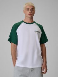 4F T-shirt loose z nadrukiem męski - zielony L. Zielone t-shirty męskie 4f, l, bez wzorów, z bawełny, biznesowe, bez kołnierzyka. Za 59.99 zł.