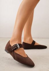 Ciemnobrązowe Balerinki Vices ze Skórzaną Wkładką i Szerokim Paskiem ze Sprzączką Rilucea. Brązowe baleriny damskie Born2be, bez wzorów, z jeansu, rockowe, bez obcasa, na płaskiej podeszwie. Za 79.99 zł.