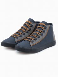 Męskie buty trampki z kontrastującymi elementami - granatowe V2. Niebieskie trampki męskie Ombre Clothing, bez wzorów, z gumy, przed kolano, bez zapięcia. W wyprzedaży za 89.99 zł.