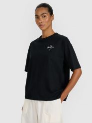 4F T-shirt oversize z nadrukiem damski - czarny M. Czarne koszulki sportowe damskie 4f, m, bez wzorów, z bawełny, bez kołnierzyka, bez ramiączek. W wyprzedaży za 39.99 zł.