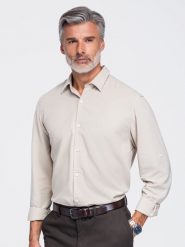 Męska wiskozowo-lniana koszula o kroju regular - beżowa V1 - Rozmiar: L. Szare koszule męskie Ombre Clothing, l, bez wzorów, z denimu, biznesowe, bez kołnierzyka, bez ramiączek. W wyprzedaży za 129.99 zł.