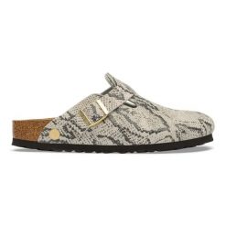BIRKENSTOCK Boston Print LEVE Snake Oyster Klapki damskie. Brązowe klapki damskie Birkenstock, bez wzorów, z denimu, eleganckie, bez obcasa. Za 629.99 zł.