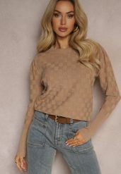 Ciemnobeżowy Sweter z Modalem i Wiskozą Ozdobiony Tłoczeniem Liliti. Brązowe swetry damskie Renee, m, z aplikacjami, z jeansu, casualowe, bez kołnierzyka, bez ramiączek, długie, bez kaptura. Za 69.99 zł.