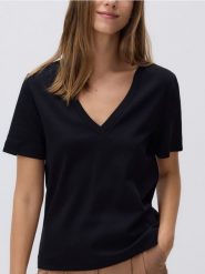 T-shirt z merceryzowanej bawełny - czarny. Czarne t-shirty damskie Reserved, l, bez wzorów, z bawełny, bez kołnierzyka. W wyprzedaży za 59.99 zł.