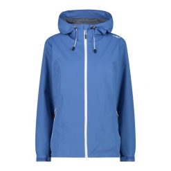 Damska kurtka wodoodporna CMP. Niebieskie kurtki sportowe damskie CMP, bez wzorów, bez kaptura, trekkingowe. W wyprzedaży za 321.15 zł.