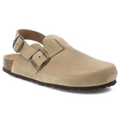 Sandały damskie Yokono, cholewka ze skóry naturalnej zamszowej z zabudowanym przodem paskiem z regulacją na metalową klamrę, beżowe, Zueco-600 Ser Mu. Brązowe klapki damskie Yokono, bez wzorów, ze skóry, bez obcasa. Za 269.00 zł.