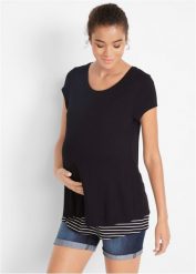 Shirt 2 w 1 ciążowy i do karmienia, z wiskozy. Czarne bluzki damskie bonprix, bez wzorów, z wiskozy, bez kołnierzyka, moda ciążowa, bez ramiączek. Za 92.99 zł.