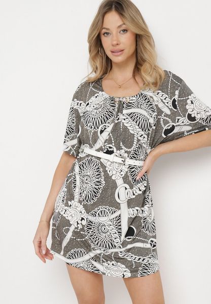 Szara Elastyczna Bluzka z Krótkim Rękawem z Oryginalnym Nadrukiem i Klamrą Dordria. Szare bluzki damskie Born2be, l, bez wzorów, bez kołnierzyka, bez ramiączek. Za 44.99 zł.