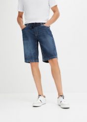 Bermudy z gumką w talii ze stretchem, slim fit. Niebieskie spodnie materiałowe męskie bonprix, m, bez wzorów, z denimu. Za 139.99 zł.