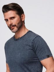 Męski t-shirt z efektem sprania – granatowy V2 - Rozmiar: XXL. Niebieskie t-shirty męskie Ombre Clothing, na lato, m, bez wzorów, z bawełny, klasyczne, bez kołnierzyka. Za 149.99 zł.