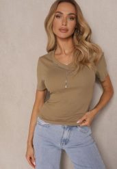 Ciemnozielony T-shirt z Bawełny z Łańcuszkiem i Marszczeniem Olisinia. Zielone bluzki damskie Renee, m, bez wzorów, z bawełny, glamour, bez kołnierzyka. Za 39.99 zł.
