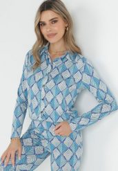 Niebieska Koszula w Ornamentalny Wzór Lagzos. Niebieskie bluzki damskie Born2be, l, z aplikacjami, klasyczne, bez kołnierzyka, bez ramiączek. Za 109.99 zł.