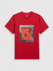 T-shirt regular z nadrukiem męski 4F 4FWSS26TTSHM3034. Czerwone t-shirty męskie 4f, m, bez wzorów, z bawełny, klasyczne, bez kołnierzyka. Za 69.99 zł.