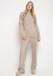 Beżowy Dzianinowy Komplet z Wełną Spodnie i Sweter Tesira. Brązowe spodnie materiałowe damskie Born2be, l, bez wzorów, z dzianiny. Za 139.99 zł.