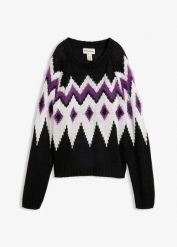 Sweter z grubej dzianiny we wzór Fair Isle. Białe swetry damskie bonprix, bez wzorów, z dzianiny, bez kołnierzyka, bez ramiączek, bez kaptura. Za 129.99 zł.