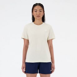 Koszulka damska New Balance WT41509LIN – beżowa. Brązowe t-shirty damskie New Balance, xs, bez wzorów, z bawełny, eleganckie, bez kołnierzyka. Za 129.99 zł.