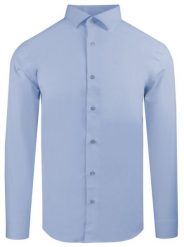 Delikatnie Taliowana Elegancka Koszula Męska - Victorio - Jasnoniebieska. Niebieskie koszule męskie Victorio, m, bez wzorów, z bawełny, eleganckie, bez kołnierzyka, bez ramiączek. Za 145.00 zł.