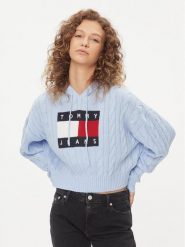 Tommy Jeans Sweter Center Flag DW0DW16528 Błękitny Regular Fit. Niebieskie swetry damskie Tommy Jeans, xl, bez wzorów, z jeansu, bez kołnierzyka, bez ramiączek, bez kaptura. Za 459.99 zł.