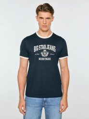 Koszulka męska z kontrastowym nadrukiem granatowa berno 403. Niebieskie t-shirty męskie Big Star, l, z aplikacjami, z bawełny, retro, bez kołnierzyka. Za 99.99 zł.