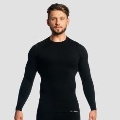 Koszulka męska fitness z długim rękawem slim czarna Fuse. Czarne koszulki sportowe męskie GYMBEAM, m, bez wzorów, z elastanu, bez kołnierzyka, bez ramiączek, na fitness i siłownię. Za 105.90 zł.