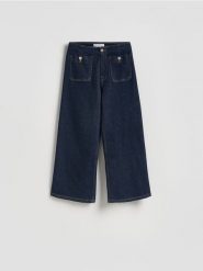 Spodnie culotte - granatowy. Niebieskie spodnie materiałowe damskie Reserved, bez wzorów, z bawełny. Za 129.99 zł.