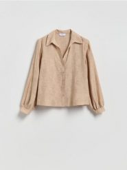 Koszula z haftowanym wzorem - beżowy. Brązowe koszule damskie Reserved, l, bez wzorów, z tkaniny, bez kołnierzyka, bez ramiączek. Za 139.99 zł.