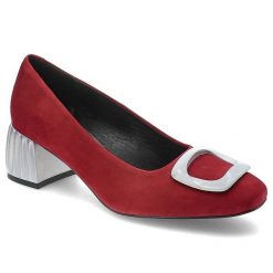 Czerwone Czółenka Espirito Eleganckie Buty Damskie. Czerwone czółenka damskie Espirito, z aplikacjami, z zamszu, eleganckie, bez obcasa, na obcasie, bez zapięcia. Za 399.00 zł.