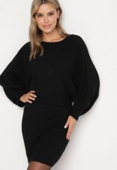 Czarny Dzianinowy Komplet z Wiskozą Sweter Typu Nietoperz i Dopasowana Sukienka Galeti. Czarne sukienki damskie Born2be, s, bez wzorów, z dzianiny, eleganckie, bez kołnierzyka, bez ramiączek, dopasowane. Za 129.99 zł.
