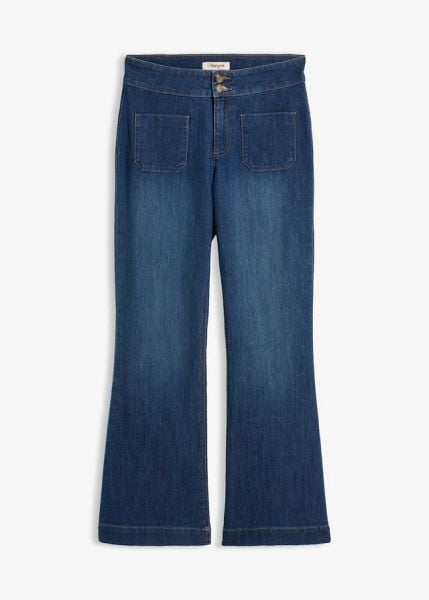 Jeansy dzwony ze średnim stanem. Niebieskie jeansy damskie bonprix. Za 99.99 zł.
