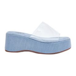 Inna Klapki Damskie Z Transparentnym Paskiem Na Koturnie Jeansowe niebieskie. Niebieskie klapki damskie bez wzorów, z jeansu, casualowe, bez obcasa, na koturnie. Za 146.62 zł.