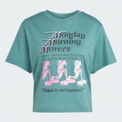 Koszulka Lesmills Movers Graphic. Niebieskie t-shirty damskie Adidas, bez wzorów, z dzianiny, bez kołnierzyka. Za 149.00 zł.