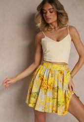 Żółte Spódnico-Szorty High Waist w Kwiaty Sunevra. Żółte szorty damskie Renee, na lato, l, bez wzorów, eleganckie, z podwyższonym stanem. Za 39.99 zł.