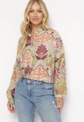 Beżowo-Zielona Koszula w Modny Print z Guzikami Jennifas. Brązowe bluzki damskie Born2be, l, bez wzorów, z wiskozy, bez kołnierzyka, bez ramiączek. Za 89.99 zł.