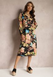 Czarno-Różowa Kopertowa Sukienka z Kwiecistym Printem Aleratoa. Czarne sukienki damskie Renee, na co dzień, l, bez wzorów, eleganckie, bez kołnierzyka, bez ramiączek, midi, kopertowe. Za 129.99 zł.