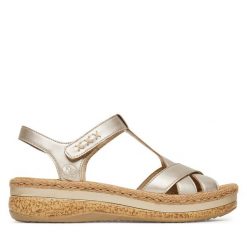 Sandały Rieker. Żółte sandały damskie Rieker, bez wzorów, bez obcasa, na koturnie, bez zapięcia. Za 339.99 zł.