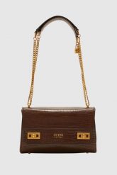 GUESS Brązowa torebka Katey Croc. Brązowe torebki do ręki damskie Guess, z aplikacjami, ze skóry ekologicznej, klasyczne, bez dodatków. W wyprzedaży za 499.99 zł.