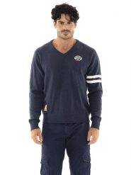 Męskie bluzy dzianinowe z dekoltem w serek „Manifest”. Niebieskie bluzy męskie LEONE 1947 APPAREL, m, bez wzorów, z dzianiny, bez kaptura. Za 357.85 zł.