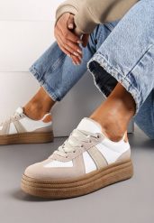 Beżowo-Białe Sneakersy na Grubej Podeszwie z Ozdobnymi Przeszyciami Ysdole. Brązowe obuwie sportowe damskie Renee, bez wzorów, z materiału. Za 44.99 zł.